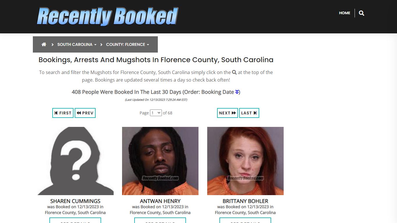 Bookings, Arrests and Mugshots in Florence County, South Carolina